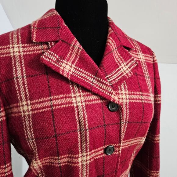 Lauren Ralph Lauren Plaid Zip and Button Closure Wool Red Cream and Black Blazer - Picture 8 of 15